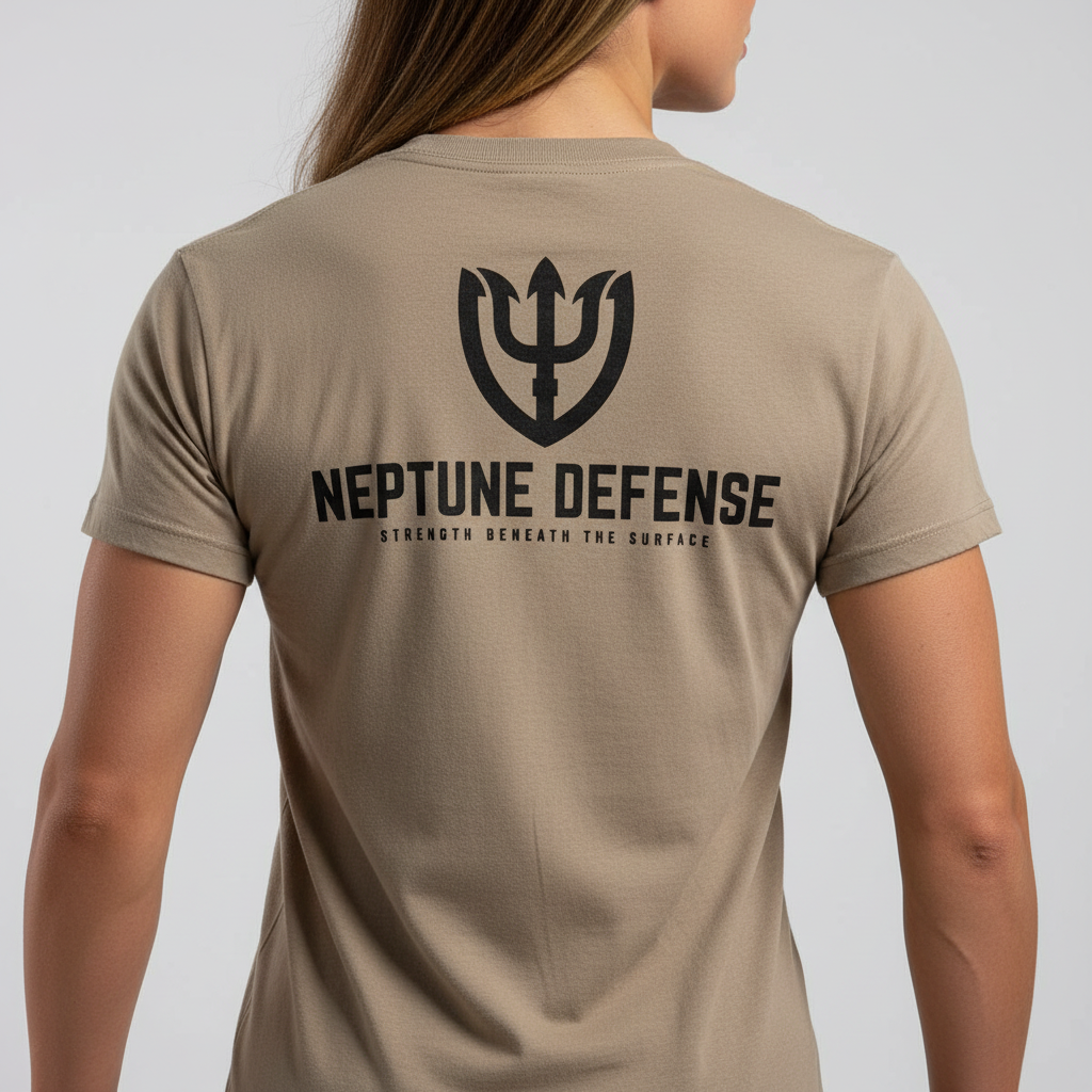 Female model back view with full Neptune Defense branding