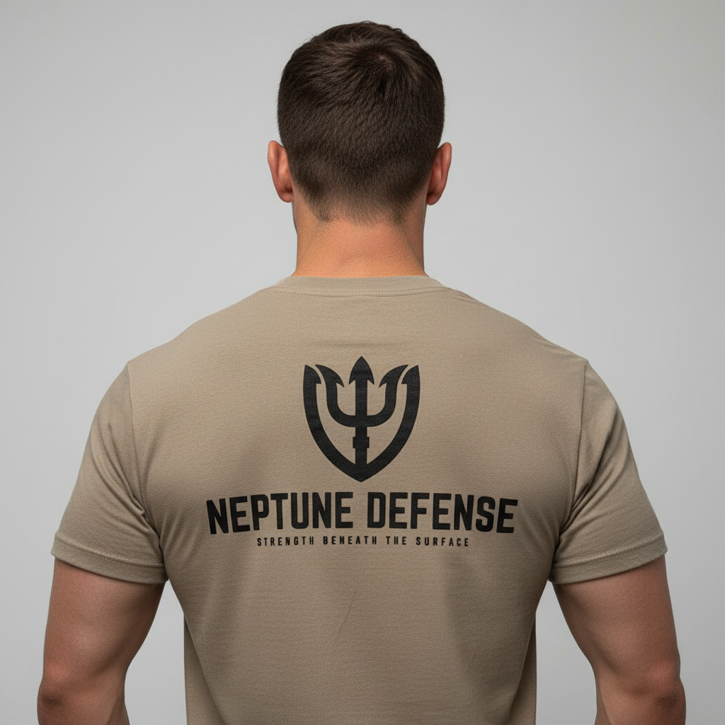 Male model back view with full Neptune Defense branding