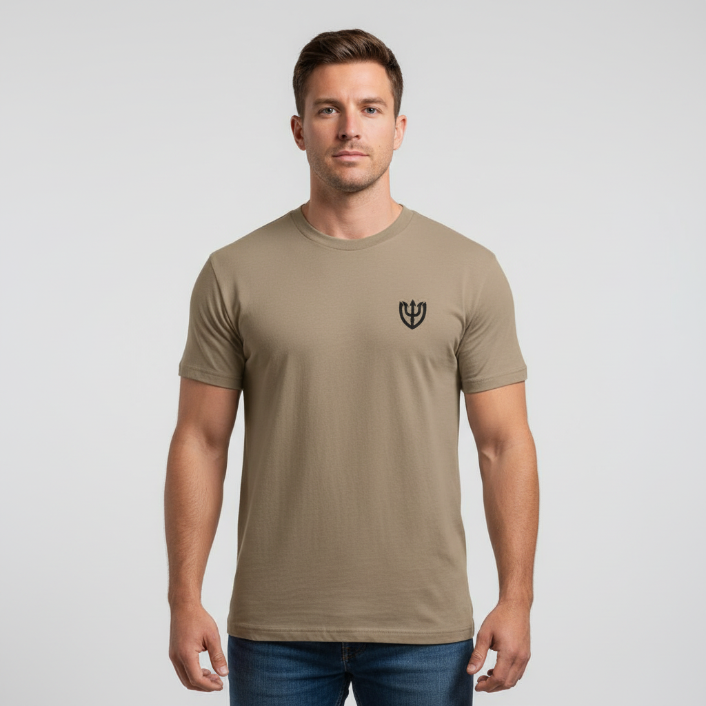 Male model front view with small trident logo